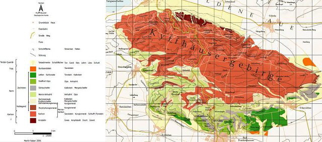 Geologische Karte Kyffhäusergebirge  Quelle: Raban, M., Mertmann, D. & Dobmeier, M. (2007): GeoFeld. Freie Universität Berlin